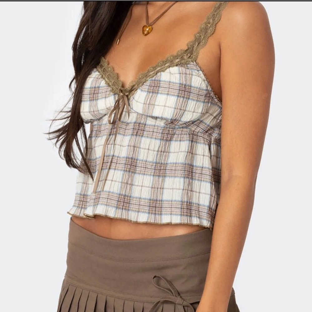 Edikted Plaid Lace Trim Tank Top